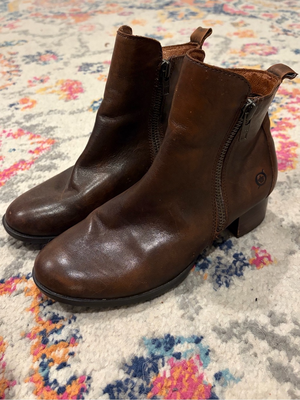 Born Women’s Landa Leather Side-Zip Ankle Booties Cognac Burnished
